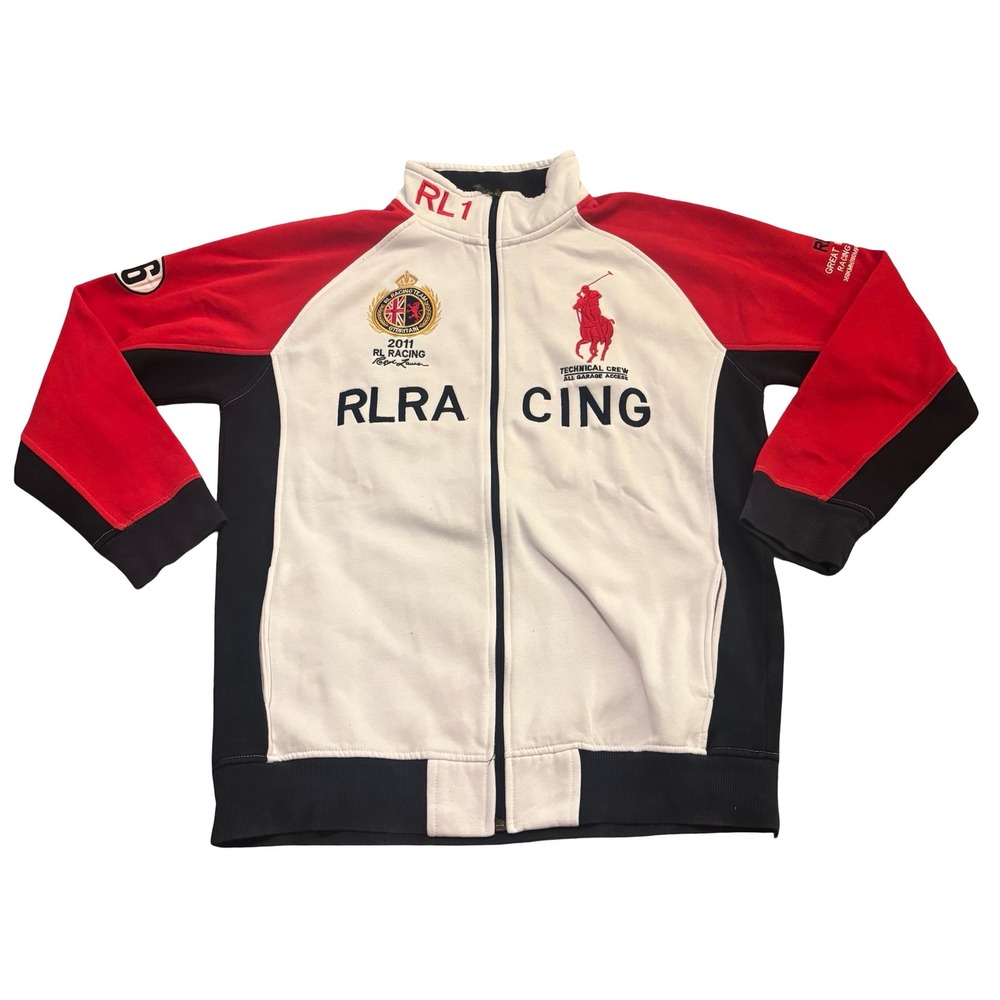 Polo Ralph Lauren RL Racing Track Jacket Men Large White Red GBR 46 Big Pony Zip